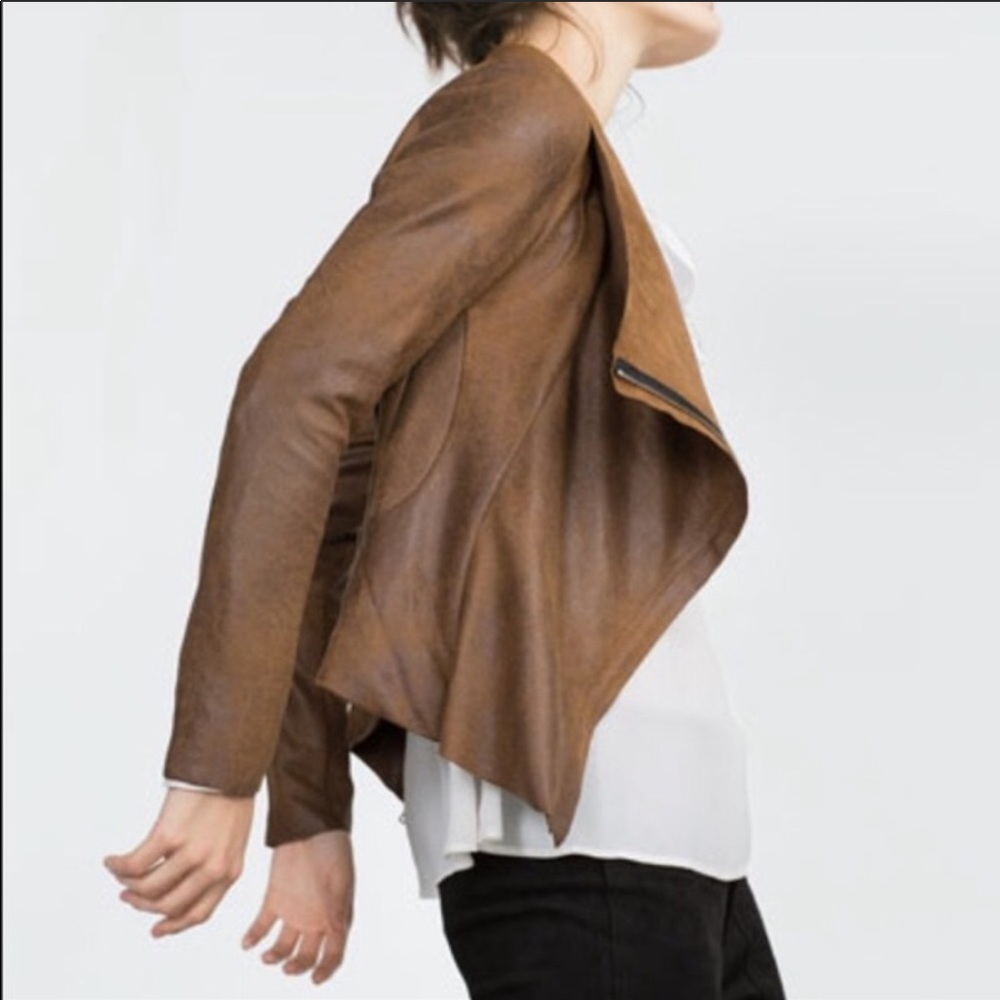 Zara Vegan Suede Leather Moto Brown Jacket XS - Picture 1 of 10